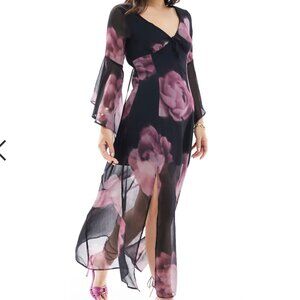 Miss Selfridge chiffon flared sleeve godet maxi dress in blurred floral